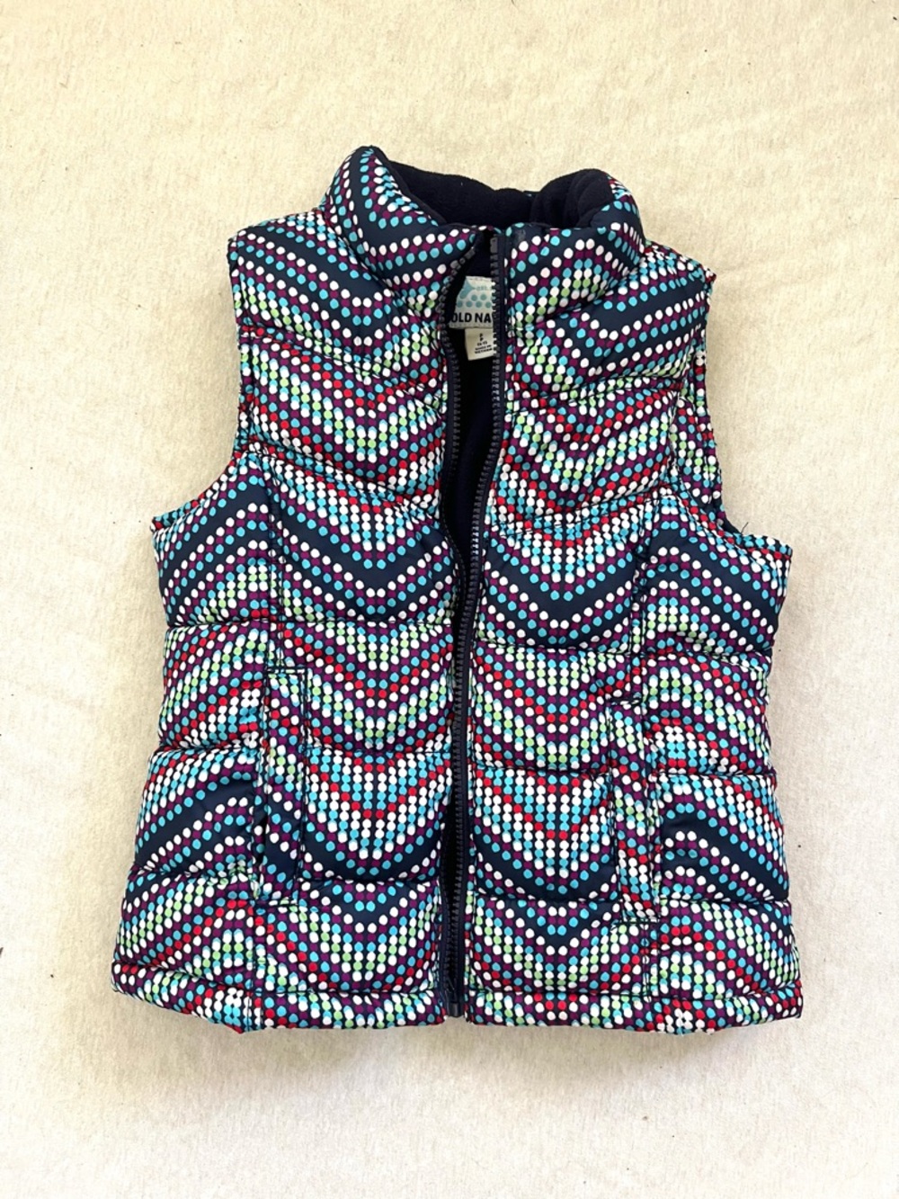Old Navy Navy Puffer Vest with Multicolor Dot Chevron Print